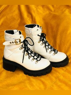 Jeffrey Campbell Czech Combat Chunky Boots White Patent Lug Heel 7M Zip